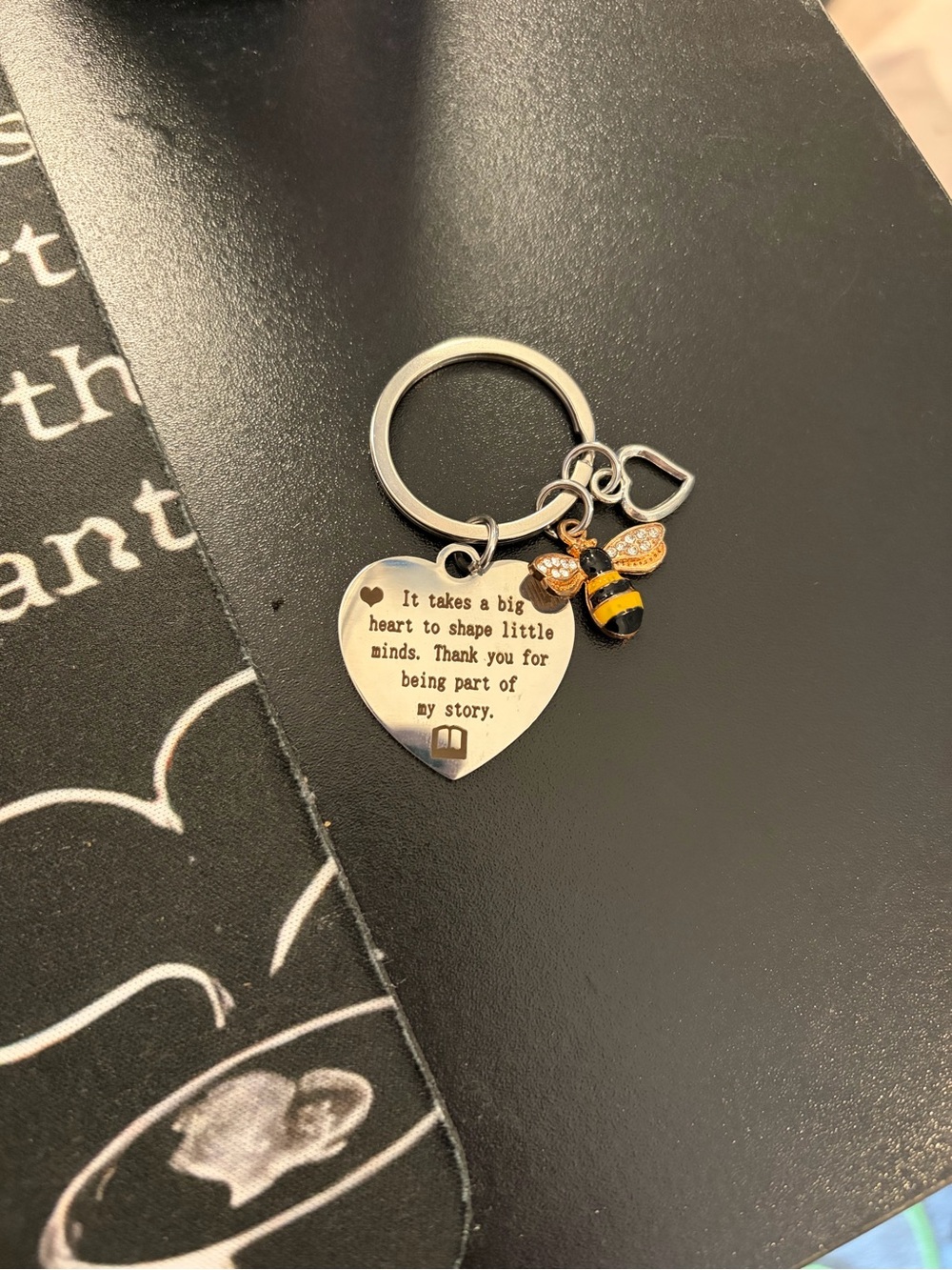 Silver Heart Teacher Appreciation Keychain with Bee Charm